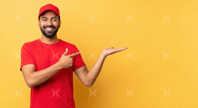 A cheerful delivery man showcasing ample blank copy space.