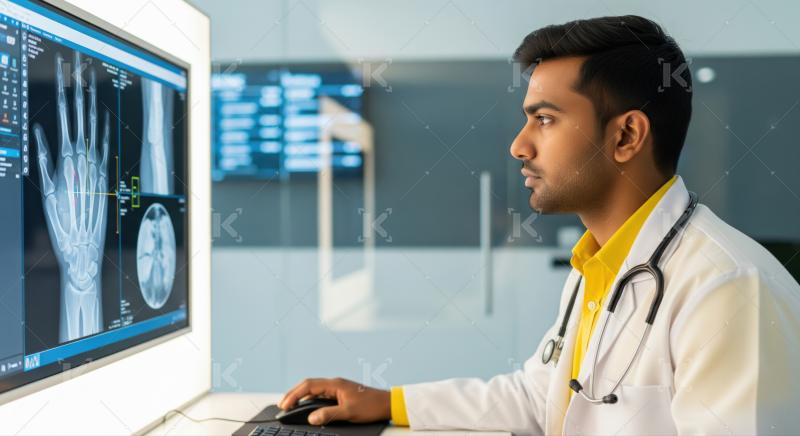 Focused doctor analyzes hand X-rays for precise medical assessment.