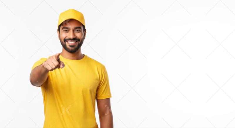 Happy Indian man in yellow uniform smiles, pointing confidently forward.
