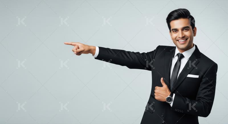 Happy young professional points left, showing approval and direction.