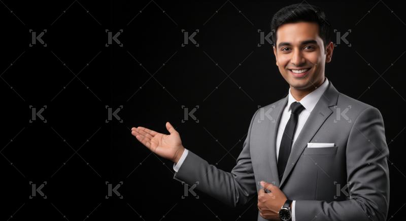 Smiling professional man gestures, pointing to copy space confidently.