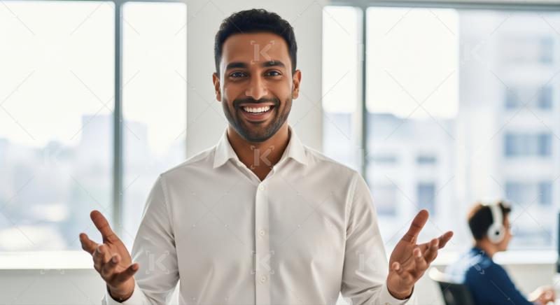 Confident young businessman smiles brightly, gesturing welcomingly in a modern office environment.