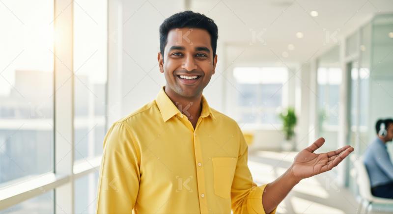 Confident young Indian man presenting in a bright modern office environment.