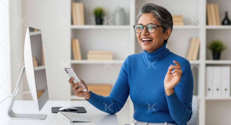 Joyful senior woman laughing at her phone, feeling excited.