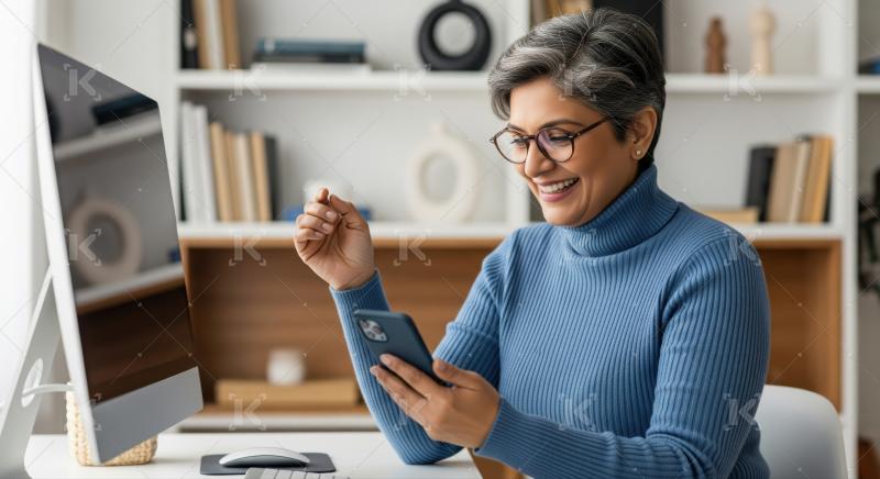 Smiling woman connecting digitally on her phone in office.