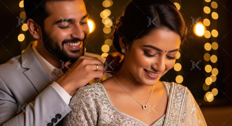 Joyful Indian couple shares tender moment with new jewelry.