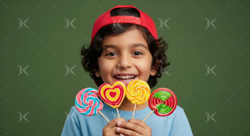 A cheerful child holds various sweet lollipops on a green background.