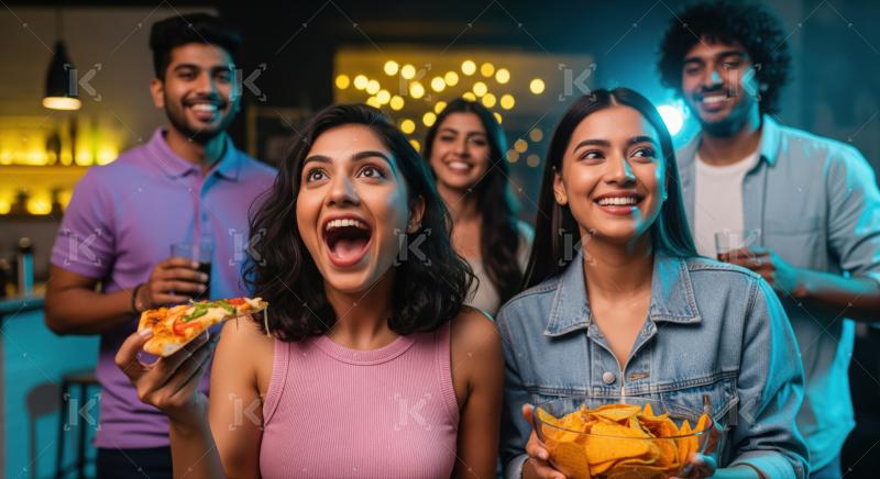 Young friends joyfully watching together, enjoying pizza, chips, and drinks.