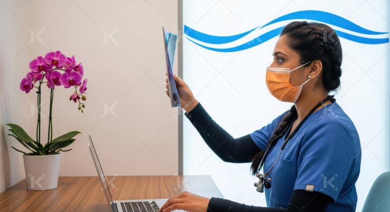 Dedicated healthcare worker examines patient X-ray in modern clinic setting.