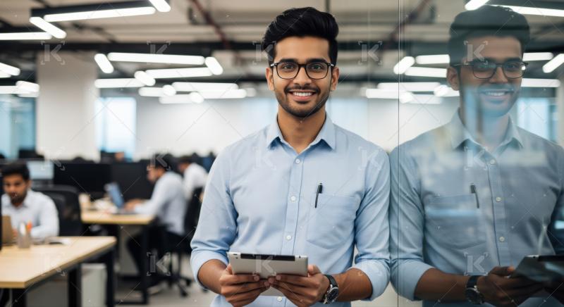 Confident young professional holds tablet, smiling in modern office.