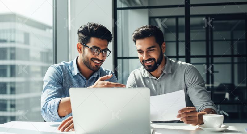 Two happy male colleagues discuss project details using laptop.