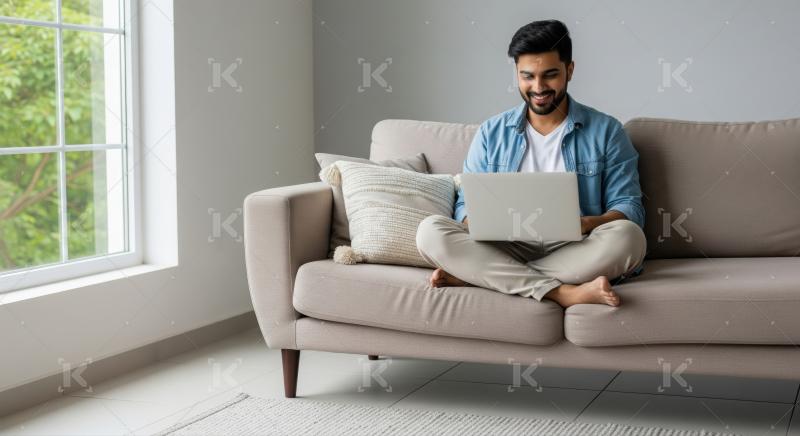 Smiling man comfortably using laptop on sofa in modern living room.