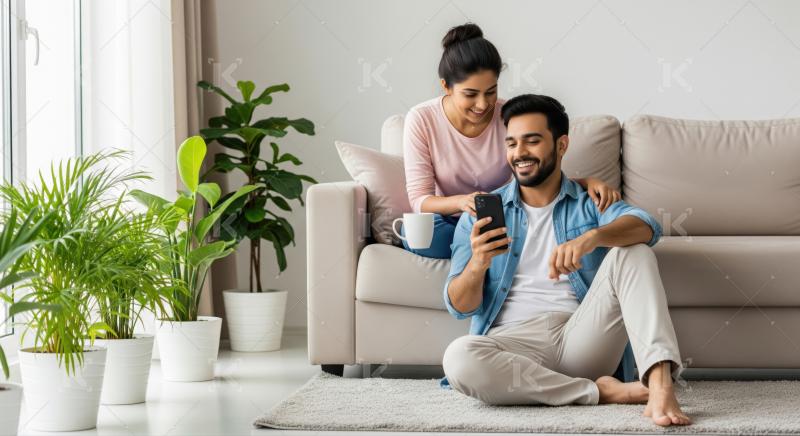 Joyful couple enjoys screen time in their cozy living room.