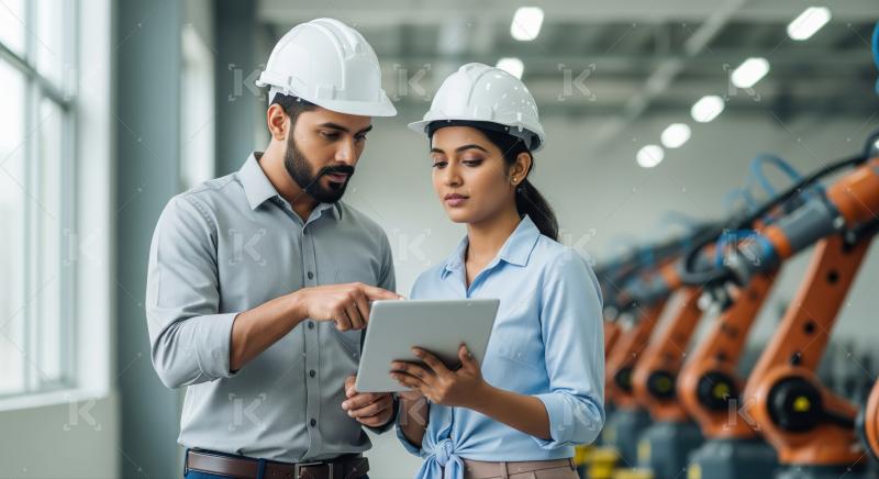 Diverse engineers discuss factory automation systems using a digital tablet.