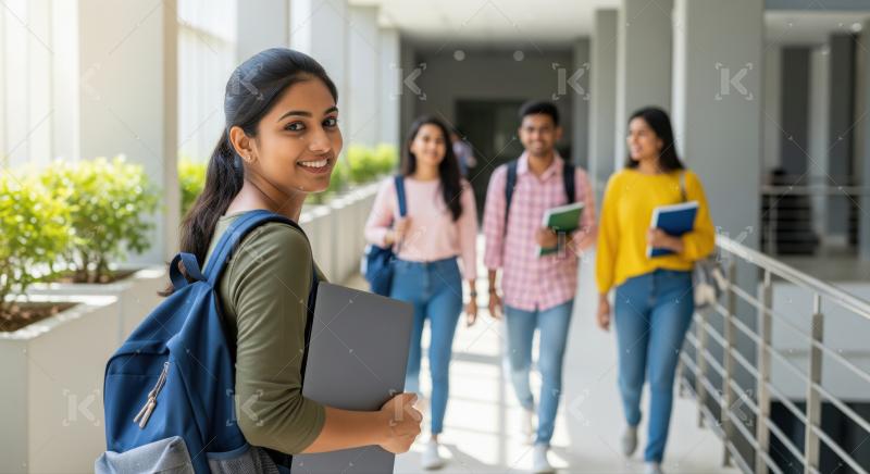 Happy young Indian student walking through a modern university building.