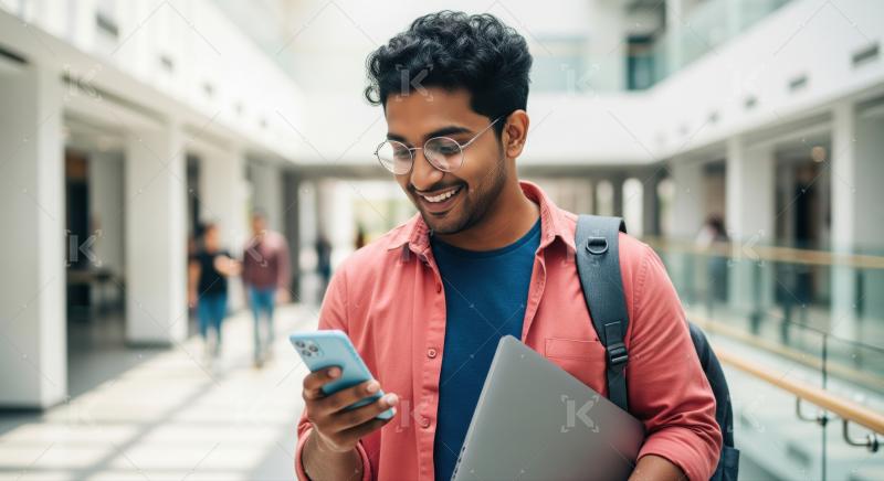 Smiling student uses smartphone, holding laptop in bright modern interior.