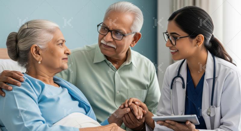 Doctor discusses health with senior patient and her supportive husband.