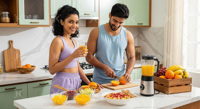 Young couple makes fresh fruit juice for a healthy breakfast.