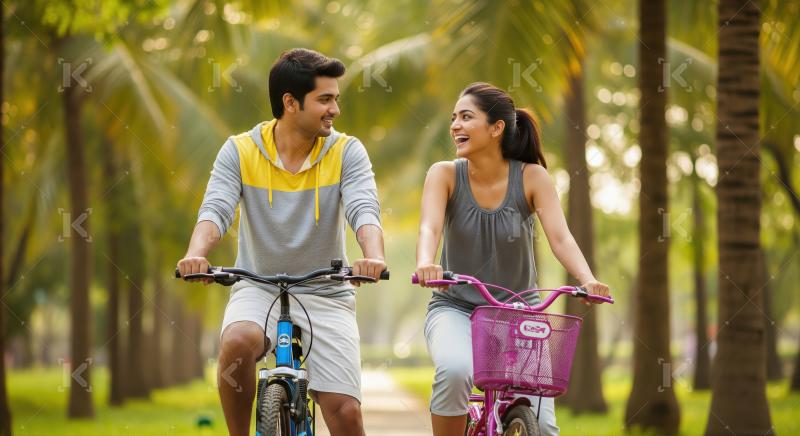 A young couple enjoys an energetic morning cycle ride together in a lush park