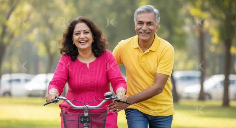 An older couple enjoys cycling together in a sunlit park, with the man supporting the woman as she rides