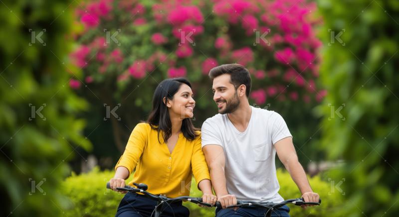 A young couple enjoys a cheerful bicycle ride together on a vibrant, flower-lined street