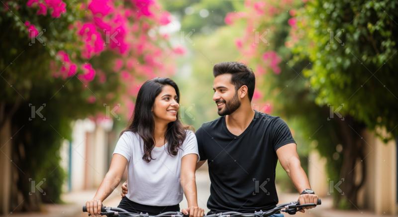 A young couple enjoys a cheerful bicycle ride together on a vibrant, flower-lined street