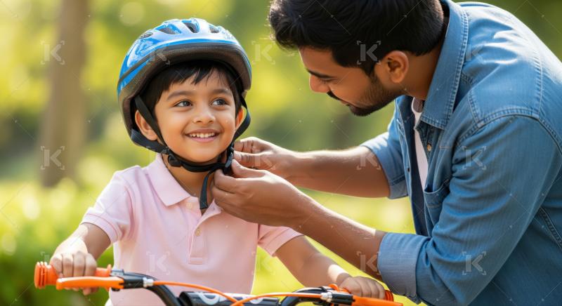 A father carefully fits a helmet on his son before a bike ride, highlighting care and safety in a green park setting.