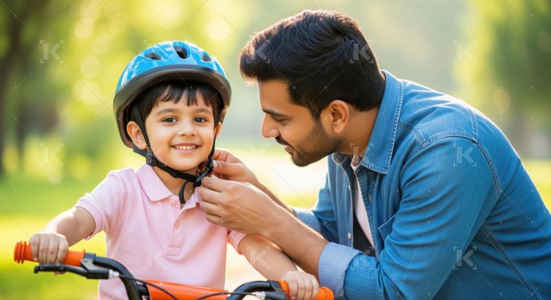 A father carefully fits a helmet on his son before a bike ride, highlighting care and safety in a green park setting.