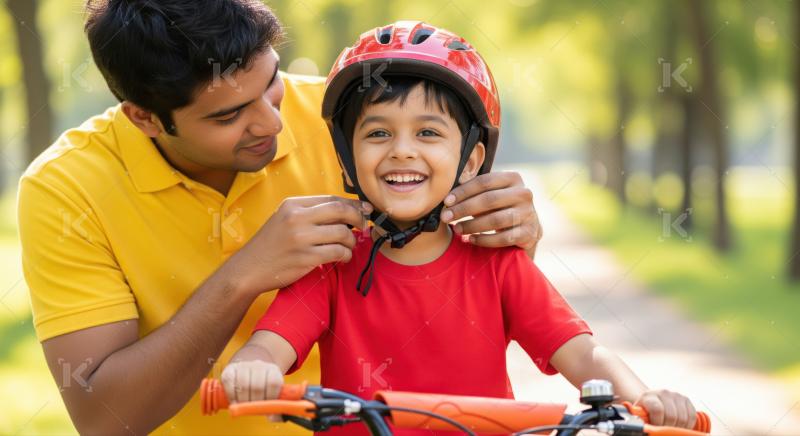 A father helps his son fasten a red helmet before cycling in the park