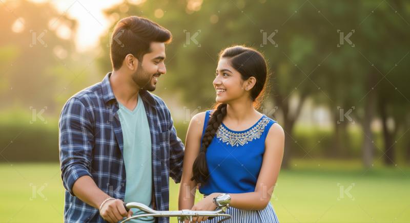 Young father learning cycle to teenage daughter at park