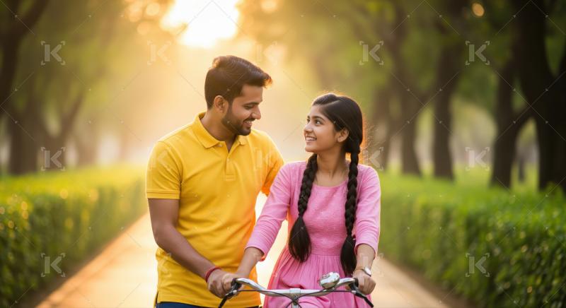Young father learning cycle to teenage daughter at park