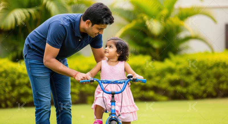 A father supports his young daughter as she learns to ride a bicycle in a lush park