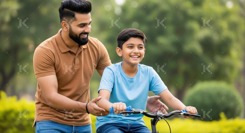 A father teaches his son to ride a bicycle in a lush park, capturing a moment of encouragement and learning outdoors.