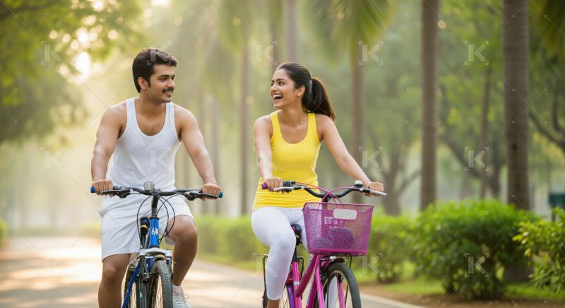 A young couple enjoys an energetic morning cycle ride together in a lush park