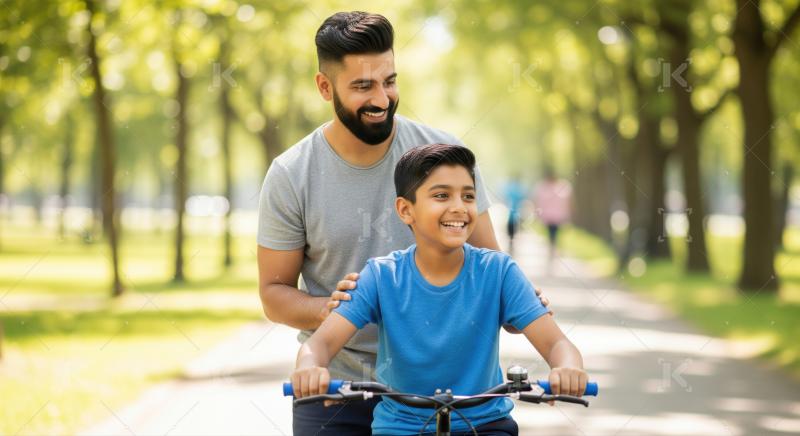 A father teaches his son to ride a bicycle in a lush park, capturing a moment of encouragement and learning outdoors.