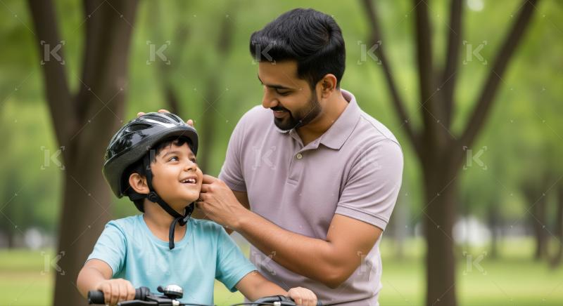 A father attentively secures a helmet on his son before a bicycle ride in a green park, ensuring safety and care.