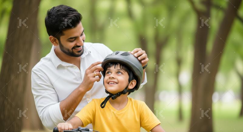 A father attentively secures a helmet on his son before a bicycle ride in a green park, ensuring safety and care.