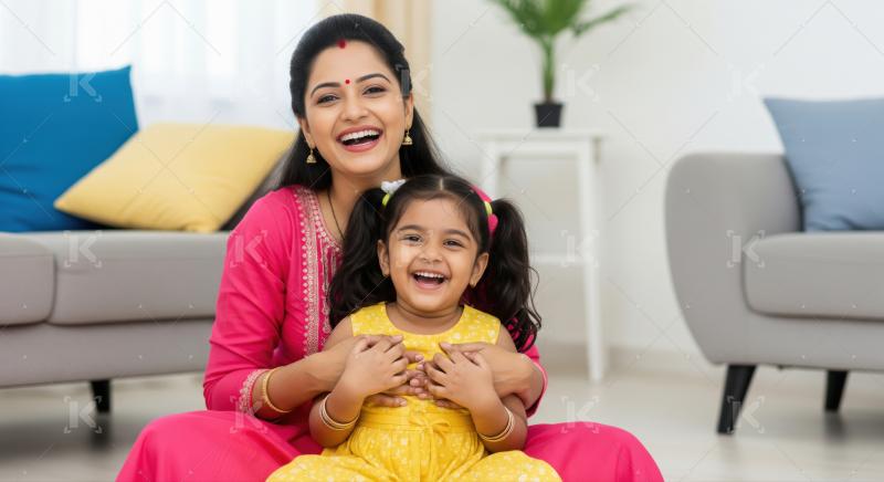 Happy indian woman with her daughter giving happy expression