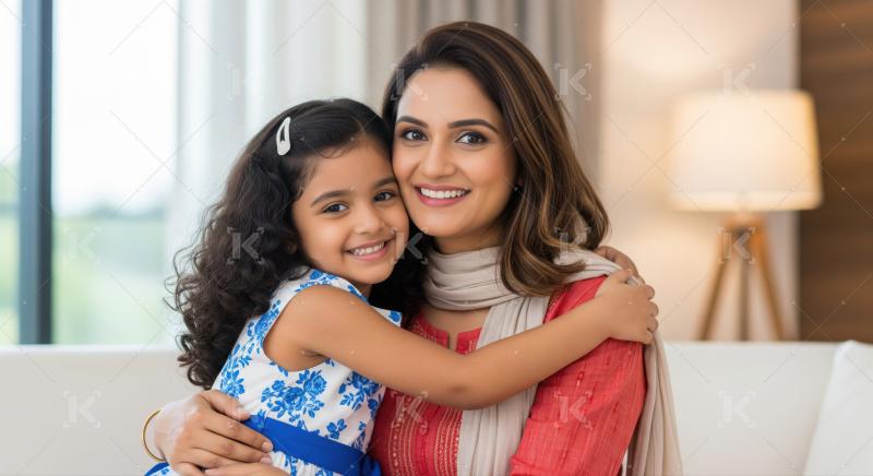 Happy indian woman with her daughter giving happy expression