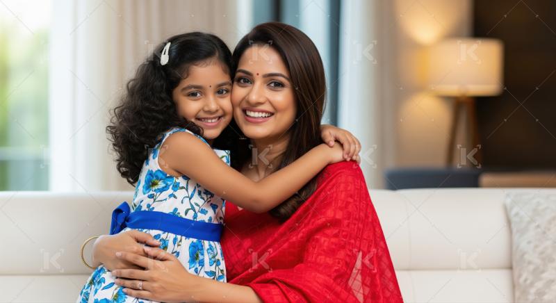 Happy indian woman with her daughter giving happy expression