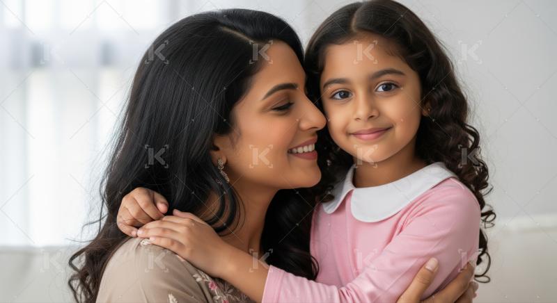 Happy indian woman with her daughter giving happy expression