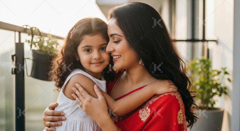 Happy indian woman with her daughter giving happy expression