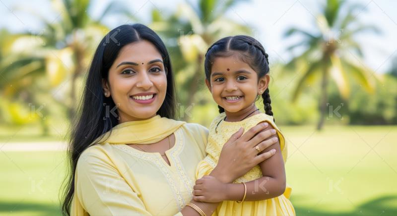 Happy indian woman with her daughter giving happy expression