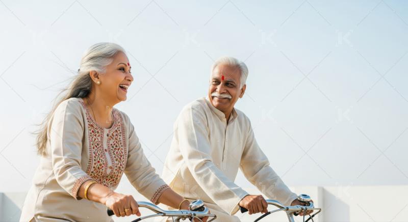 An elderly couple enjoys cycling together in a sunny park