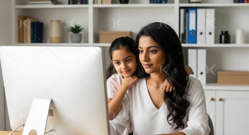 A mother and daughter share a learning moment together at a computer desk in a modern home office