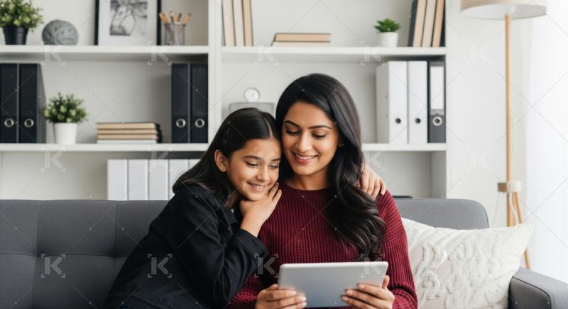 A mother and daughter share a cozy moment on the sofa, bonding together over a tablet in a comfortable