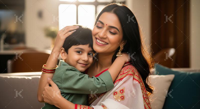 A woman in traditional Indian attire lovingly embraces a young boy in a warm indoor setting.​