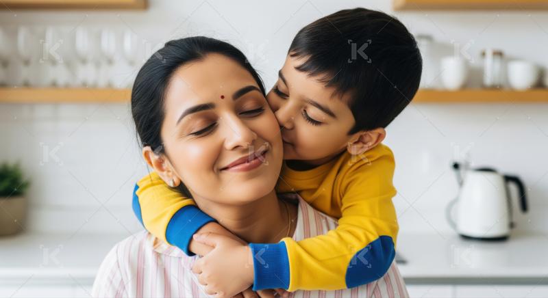 A mother receives a joyful embrace from her son in a bright, modern kitchen setting, capturing a moment of warmth and togetherness.​