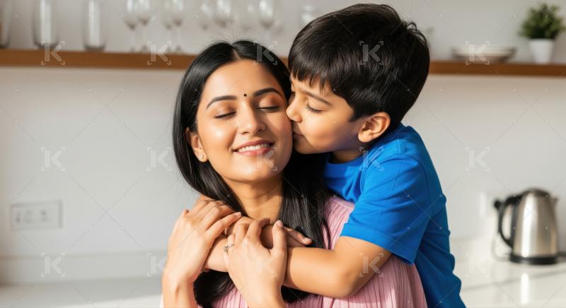 A mother receives a joyful embrace from her son in a bright, modern kitchen setting, capturing a moment of warmth and togetherness.​