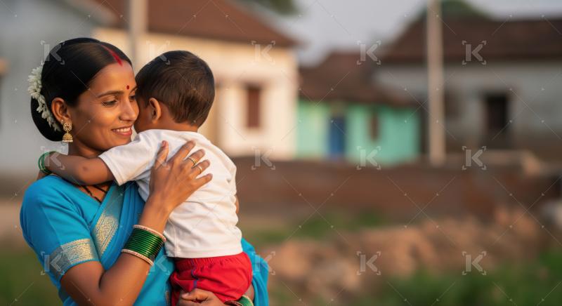 Indian mother in traditional attire lovingly holds her toddler, expressing warmth, care, and cultural pride